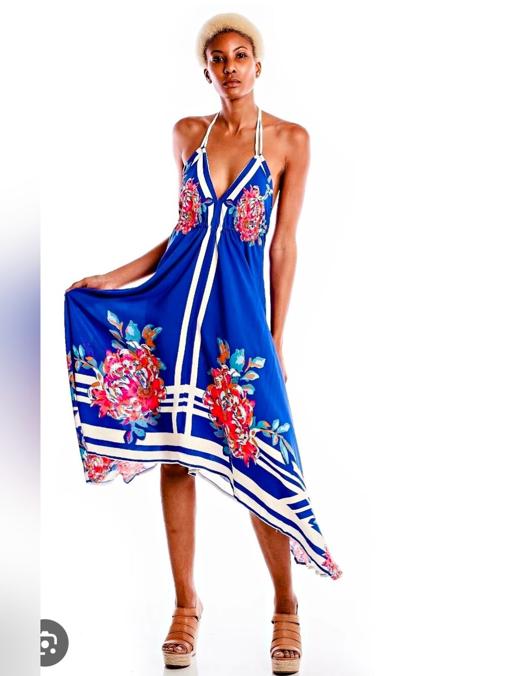 Flying Tomato Isabella Blue Flower Tropical Print Halter Dress Hankerchief Hem